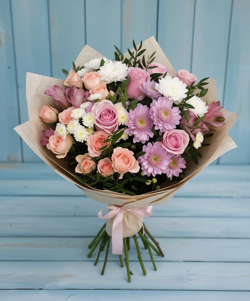 Букет цветов из: Хризантемы, Розы и Альстромерии в Новоорловске