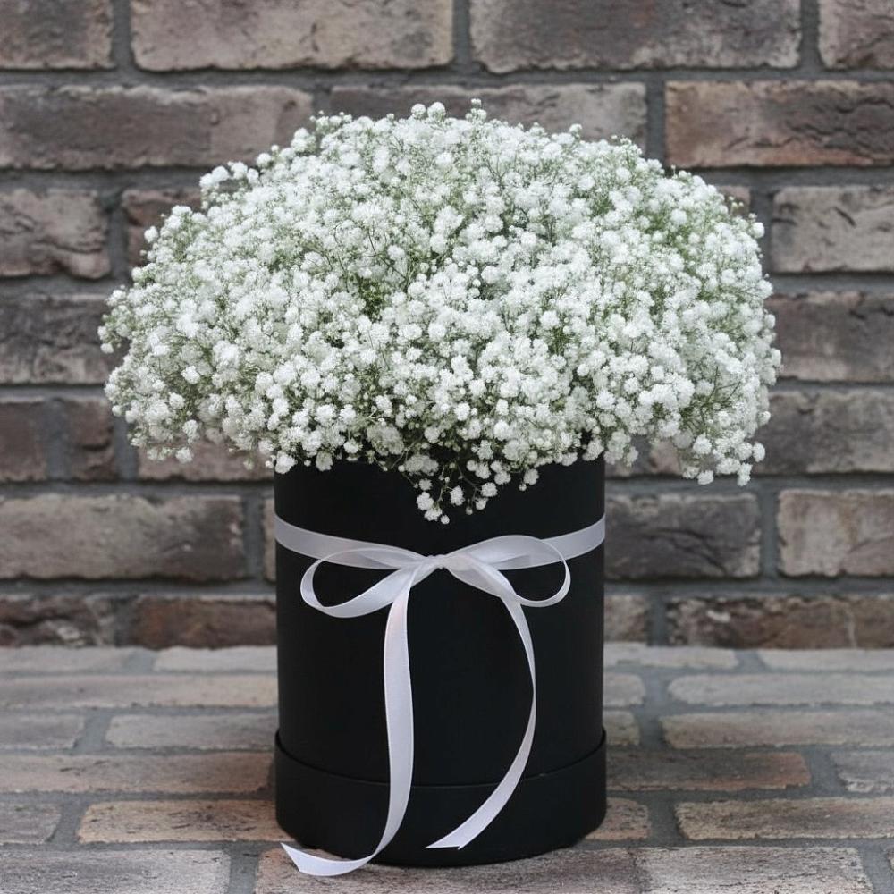 Цветочная композиция из Гипсофила в шляпной коробке в Новоорловске