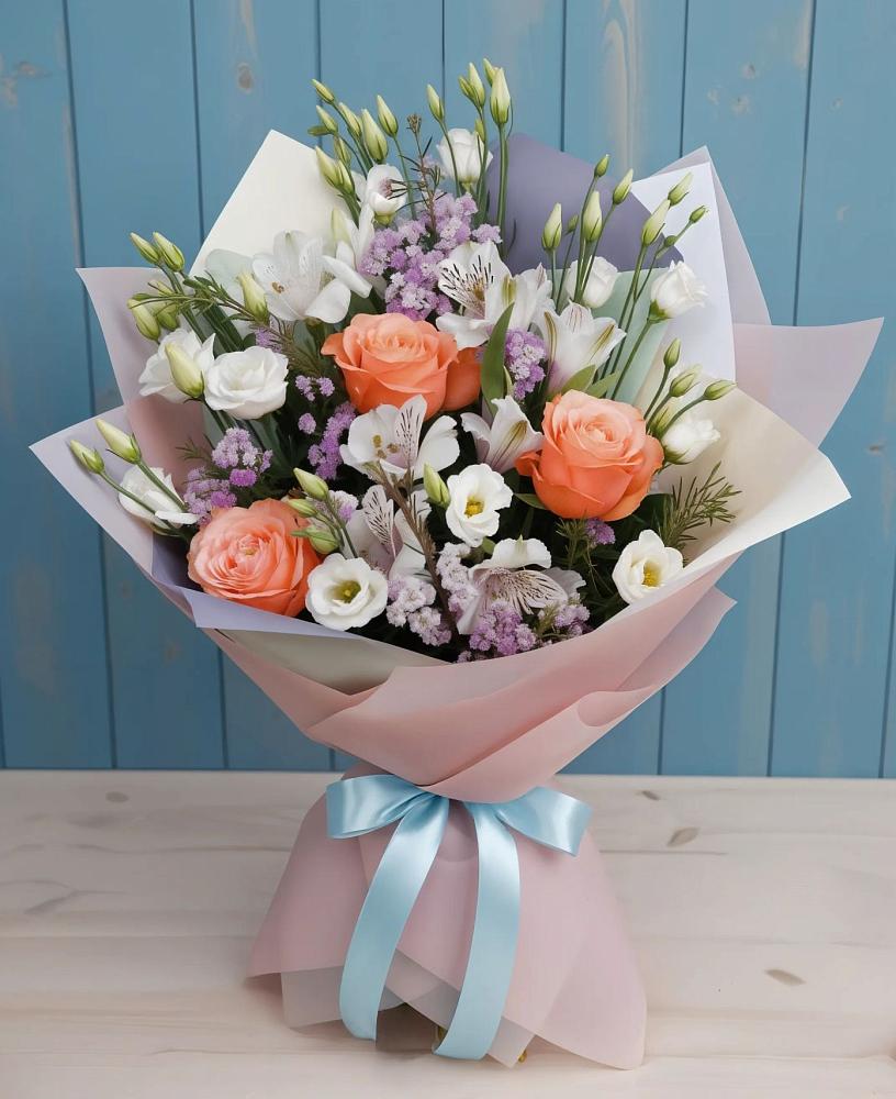 Букет цветов из: Лизиантусы, Розы, Альстромерии и Гипсофила в Новоорловске
